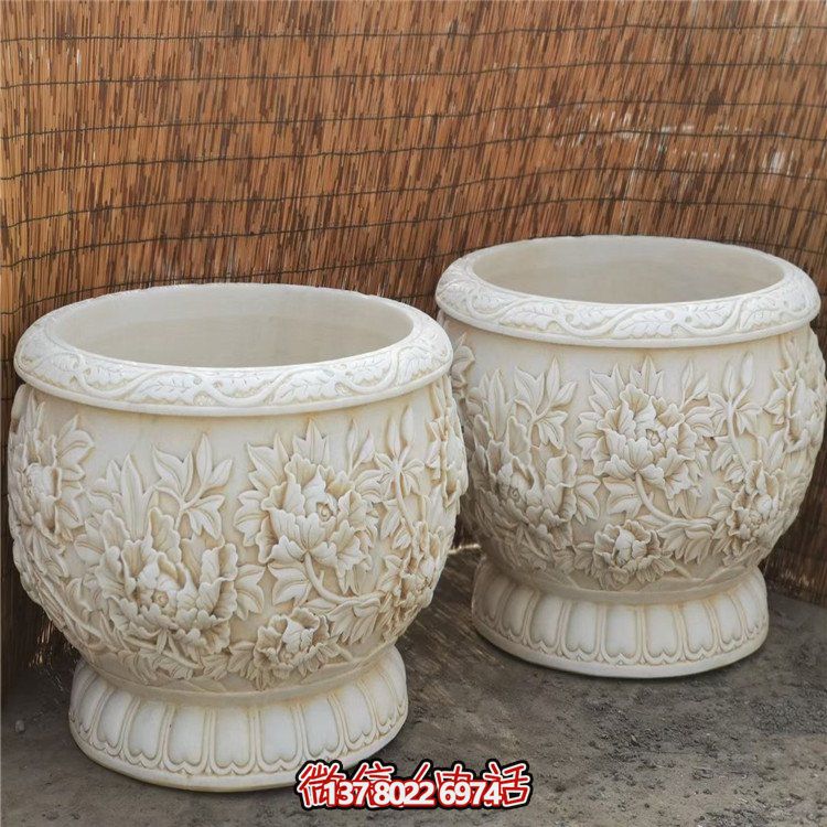 漢白玉浮雕荷花養魚缸，精美庭院裝飾戶外中式花盆