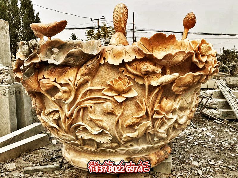 晚霞紅蓮花石雕魚缸雕塑 晚霞紅蓮花石雕魚缸雕塑