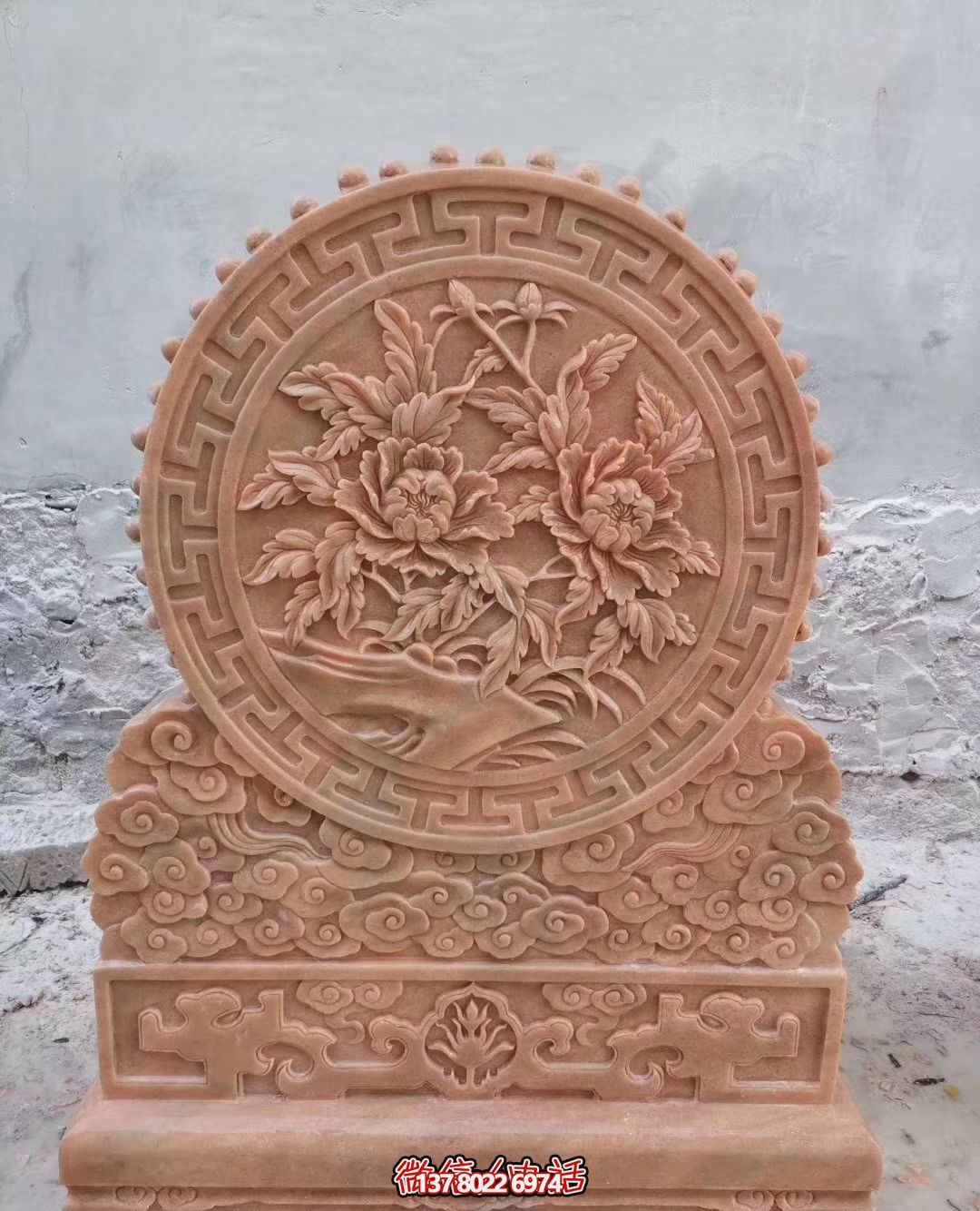 庭院晚霞紅牡丹花浮雕石門墩 庭院晚霞紅牡丹花浮雕石門墩