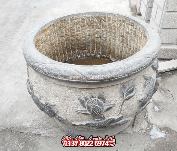 仿古荷花鯉魚浮雕石雕水缸雕塑 仿古荷花鯉魚浮雕石雕水缸雕塑